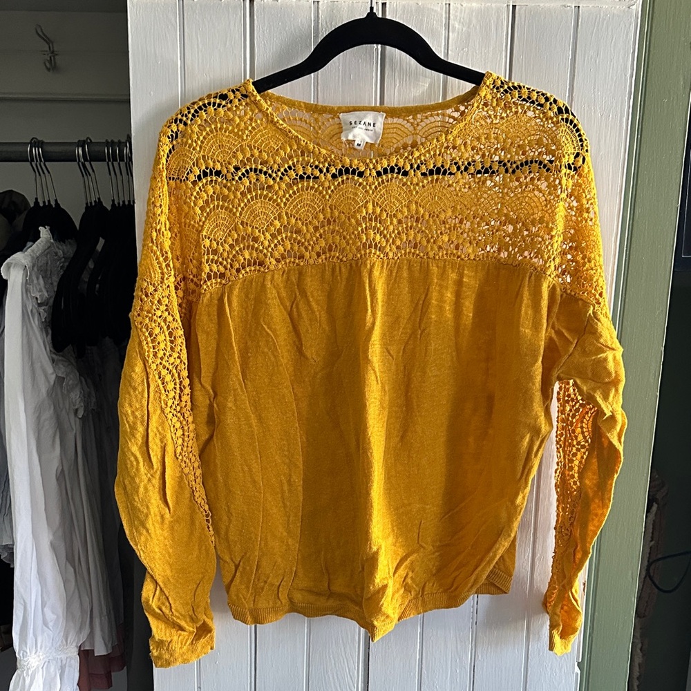 Sezane Golden Yellow Crochet Yoke Long Sleeve Top